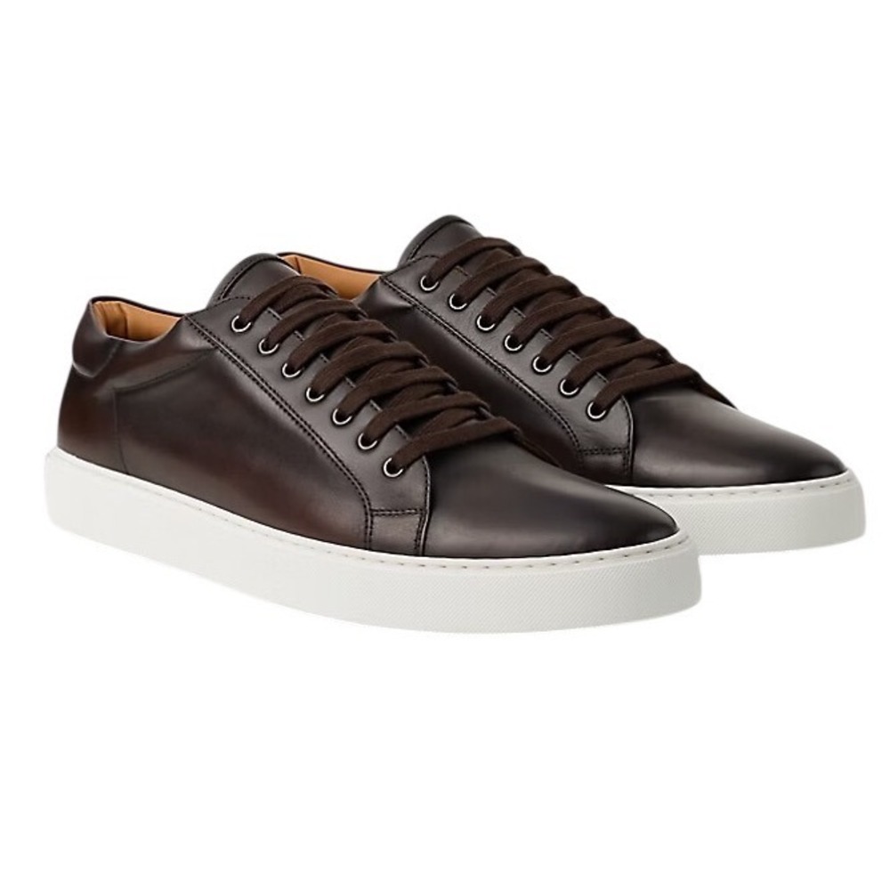 Ralph Lauren Severn Brown Burnished Calfskin Leather Sneakers Made in Italy 12 D
